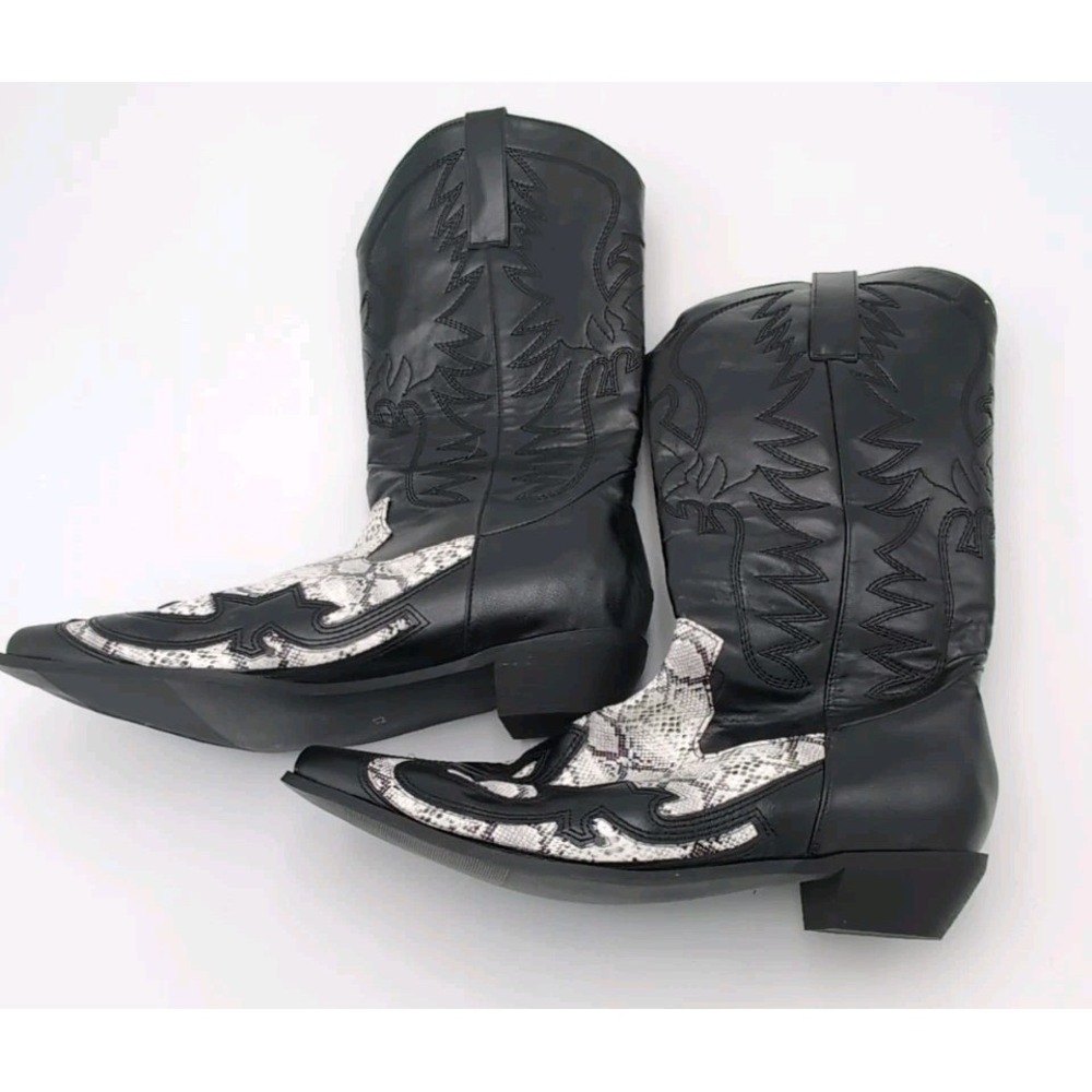 Mens Retro Embroidered Mid Calf Western Cowboy Color Stitching Boots Sz 10